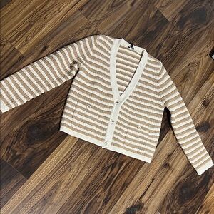 Talbots Cream gold and Brown Striped Cardigan